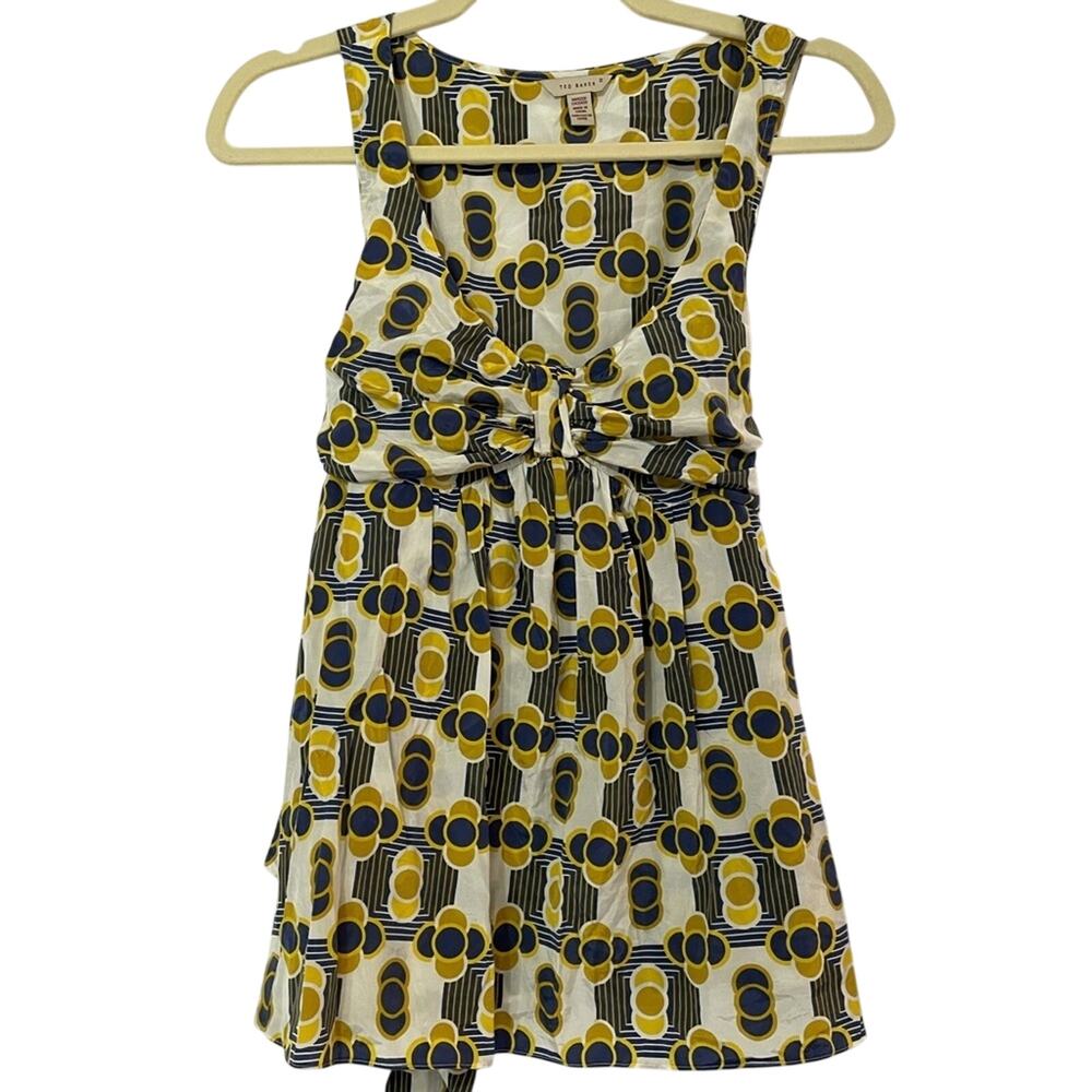 Ted Baker Silk Sleeveless Blue Yellow Art Deco Top Blouse Womens 2 Tie Waist